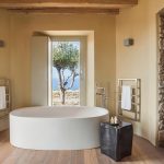 Luxury bathtub and window with view to an olive tree