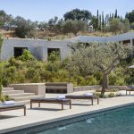 Terrace with large pool and blossoming trees