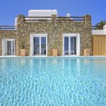 Pool and front side of the luxury villa in Mykonos