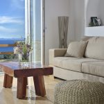 wooden coffee table in the living room of villa Zeus
